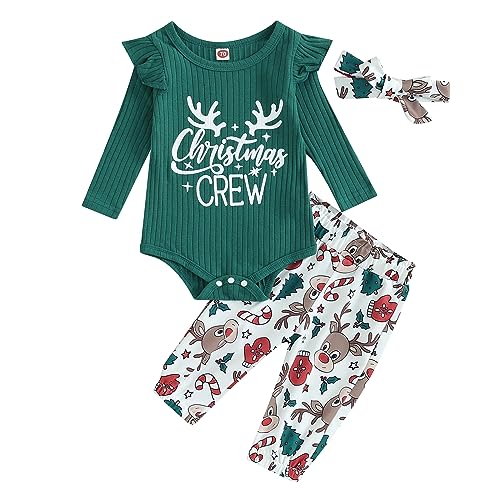 Saeevima Baby Mädchen Weihnachten Kleidung Set Langarm Pullover Body Strampler Rüschen Elastische Taille Plaids/Hirsch Lange Hosen Stirnband Mädchen Xmas Bekleidungsset (Grün1, 12-18 Monate) von Saeevima