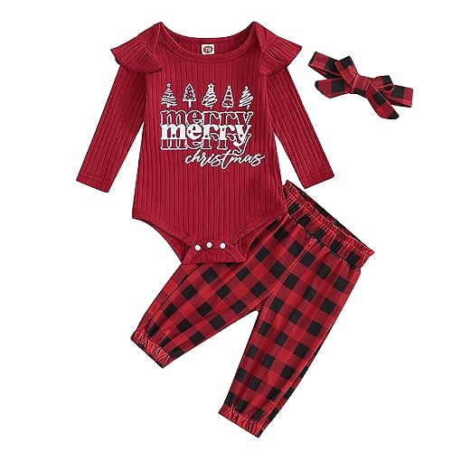 Saeevima Baby Mädchen Weihnachten Kleidung Set Langarm Pullover Body Strampler Rüschen Elastische Taille Plaids/Hirsch Lange Hosen Stirnband Mädchen Xmas Bekleidungsset (Rot1, 18-24 Monate) von Saeevima