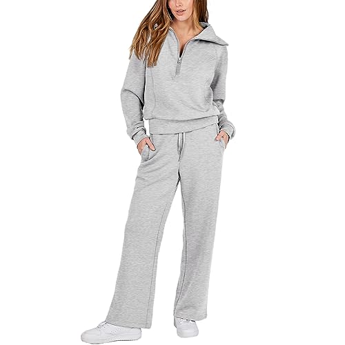 Saeevima Damen 2-teilige Trainingsanzüge Einfarbig Bekleidungsset Langärmelig Übergroß Halber Reißverschluss Pullover Kordelzug Weites Bein Hose Jogginghose Sportbekleidung Set (Grau, M) von Saeevima