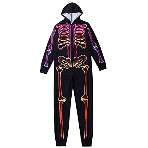 Saeevima Familie passender Halloween-Overall mit Kapuze, Pyjama, Einteiler, 3D-Skelett, Bedruckt, fluoreszierend, Langarm-Strampler, Bodysuit, Onesies, Nachtwäsche, Halloween-Kostüm (Mama 2, S) von Saeevima