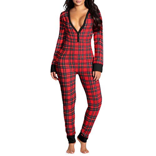 Saeevima Frauen Sexy Funktionaler Overall Strampler Butt Button Back Flap Bodysuit Langarm V-Ausschnitt Onesies Weihnachten Pyjama Nachtwäsche Einteiler Home Overalls Kleidung, Rote Plaids, 42, L von Saeevima