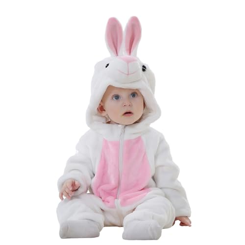 Saeevima Kinder Baby Fleece Cartoon Tiere Strampler Hoodie Body Langarm Einteilig Kapuze Plüsch Jumpsuit Halloween Weihnachten Warmer Flanell Pyjama (Weiß Hase, 6-12 Months) von Saeevima