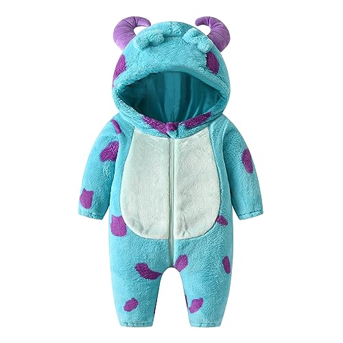 Saeevima Kinder Baby Fleece Cartoon Tiere Strampler Hoodie Body Langarm Reißverschluss Einteilig Kapuze Plüsch Jumpsuit Halloween Weihnachten Flanell Pyjama (MU Blau, 6-12 Months) von Saeevima