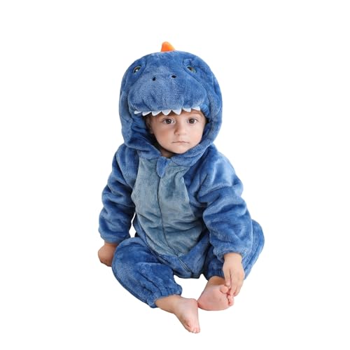 Saeevima Kinder Baby Fleece Cartoon Tiere Strampler Hoodie Body Langarm Reißverschluss Einteilig Kapuze Plüsch Jumpsuit Halloween Weihnachten Warmer Flanell Pyjama (Blau Dinosaurier1, 12-18 Months) von Saeevima