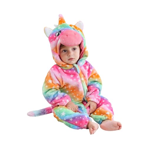 Saeevima Kinder Baby Fleece Cartoon Tiere Strampler Hoodie Body Langarm Reißverschluss Einteilig Kapuze Plüsch Jumpsuit Halloween Weihnachten Warmer Flanell Pyjama (Einhorn, 0-6 Months) von Saeevima