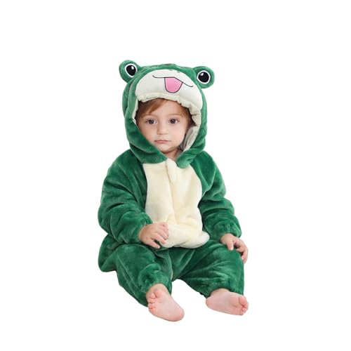 Saeevima Kinder Baby Fleece Cartoon Tiere Strampler Hoodie Body Langarm Reißverschluss Einteilig Kapuze Plüsch Jumpsuit Halloween Weihnachten Warmer Flanell Pyjama (Frosch, 0-6 Months) von Saeevima