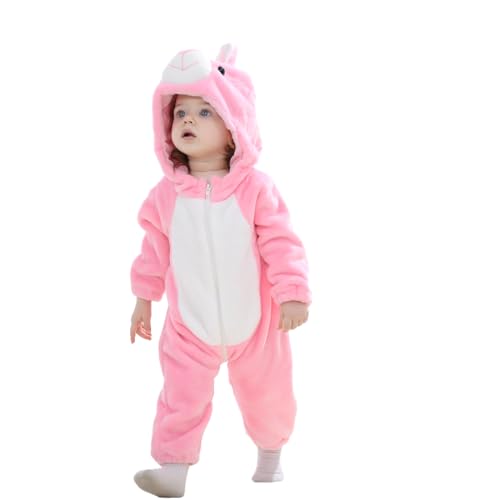 Saeevima Kinder Baby Fleece Cartoon Tiere Strampler Hoodie Body Langarm Reißverschluss Einteilig Kapuze Plüsch Jumpsuit Halloween Weihnachten Warmer Flanell Pyjama (Rosa Hase, 2-3 Years) von Saeevima