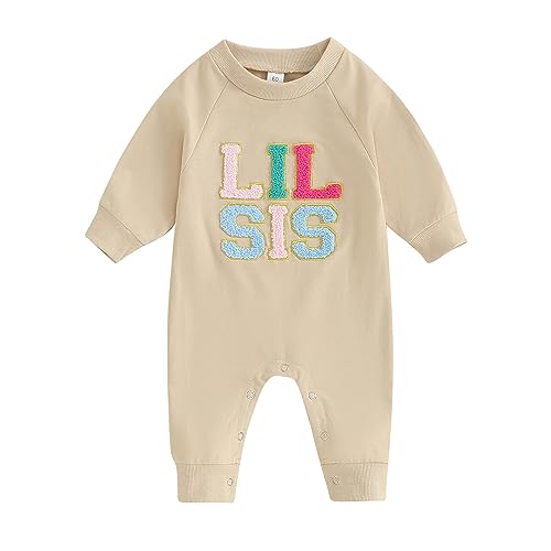 Saeevima Kinder Baby Mädchen Strampler für Schwestern Langarm Rundhalsausschnitt Kleine/Große Schwestern Print Body Famliy Sisters Passende Warme Kleidung (Lil Sis Aprikose1, 0-3 Monate) von Saeevima