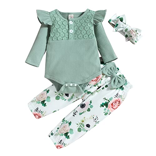 Saeevima Kleinkind Baby Mädchen Kleidung 2pcs Set Einfarbig Langarm Pullover Body Strampler Top Rüschen Taille Blumen Lange Hosen Stretch Stirnband Outfits (Grün 1, 3-6 Months), 3-6 Monate von Saeevima