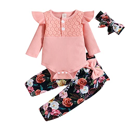 Saeevima Kleinkind Baby Mädchen Kleidung 2pcs Set Einfarbig Langarm Pullover Body Strampler Top Rüschen Elastische Taille Blumen Lange Hosen Stretch Stirnband Mädchen Outfits (Pink, 18-24 Months) von Saeevima