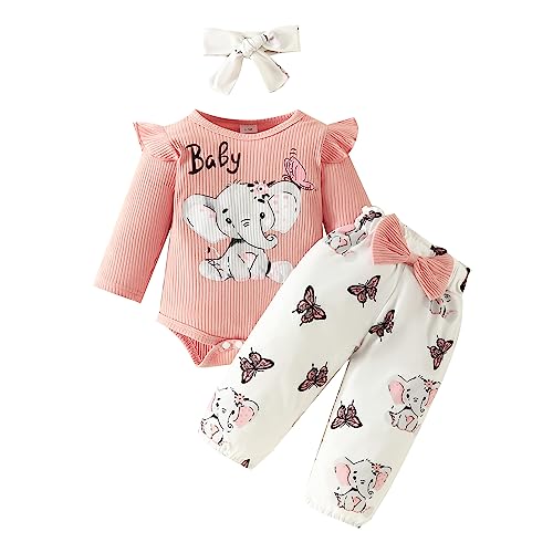 Saeevima Kleinkind Baby Mädchen Kleidung Set Einfarbig Langarm Pullover Body Strampler Rüschen Elastische Taille Blumen Lange Hosen Stretch Stirnband Mädchen Bekleidungsset (Rosa5, 6-9 Months) von Saeevima