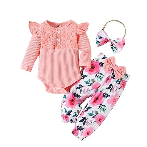 Saeevima Kleinkind Baby Mädchen Kleidung Set Einfarbig Langarm Pullover Body Strampler Rüschen Elastische Taille Blumen Lange Hosen Stretch Stirnband Mädchen Bekleidungsset (Rosa6, 18-24 Months) von Saeevima