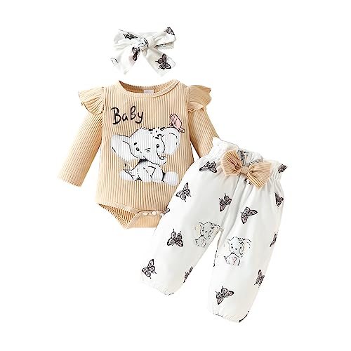 Saeevima Kleinkind Baby Mädchen Kleidung Set Einfarbig Langarm Pullover Body Strampler Top Rüschen Elastische Taille Blumen Lange Hosen Stretch Stirnband Mädchen Bekleidungsset (Beige, 3-6 Months) von Saeevima