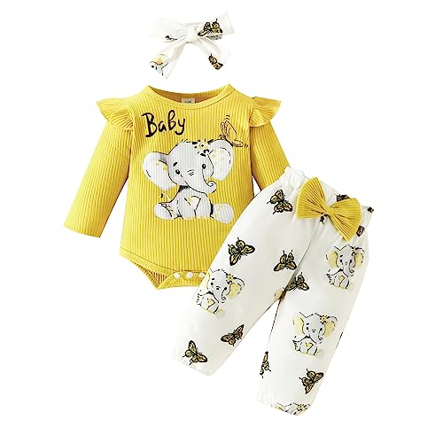 Saeevima Kleinkind Baby Mädchen Kleidung Set Einfarbig Langarm Pullover Body Strampler Top Rüschen Elastische Taille Blumen Lange Hosen Stretch Stirnband Mädchen Bekleidungsset (Gelb, 9-12 Months) von Saeevima