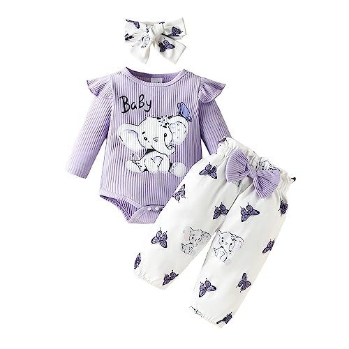 Saeevima Kleinkind Baby Mädchen Kleidung Set Langarm Pullover Body Strampler Top Rüschen Elastische Taille Blumen Lange Hosen Stretch Stirnband Mädchen Bekleidungsset (Lila, 0-3 Months) von Saeevima