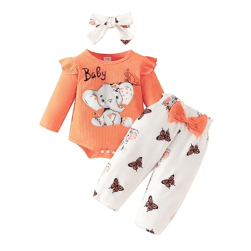 Saeevima Kleinkind Baby Mädchen Kleidung Set Einfarbig Langarm Pullover Body Strampler Top Rüschen Elastische Taille Blumen Lange Hosen Stretch Stirnband Mädchen Bekleidungsset (Orange, 0-3 Months) von Saeevima