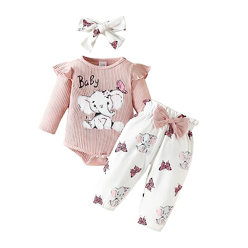 Saeevima Kleinkind Baby Mädchen Kleidung Set Einfarbig Langarm Pullover Body Strampler Top Rüschen Elastische Taille Blumen Lange Hosen Stirnband Mädchen Bekleidungsset (Rosa3, 0-3 Months) von Saeevima