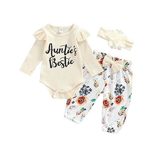 Saeevima Kleinkind Baby Mädchen Kleidung Set Einfarbig Langarm Pullover Body Strampler Top Rüschen Elastische Taille Blumen Lange Hosen Stretch Stirnband Mädchen Outfits (Aprikose, 6-12 Months) von Saeevima