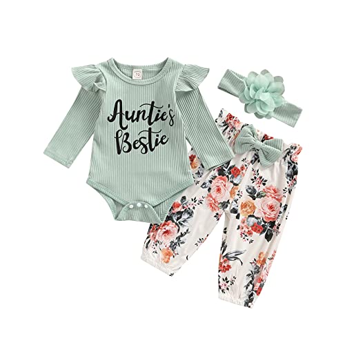 Saeevima Kleinkind Baby Mädchen Kleidung Set Einfarbig Langarm Pullover Body Strampler Top Rüschen Elastische Taille Blumen Lange Hosen Stretch Stirnband Mädchen Outfits (Grün3, 12-18 Months) von Saeevima