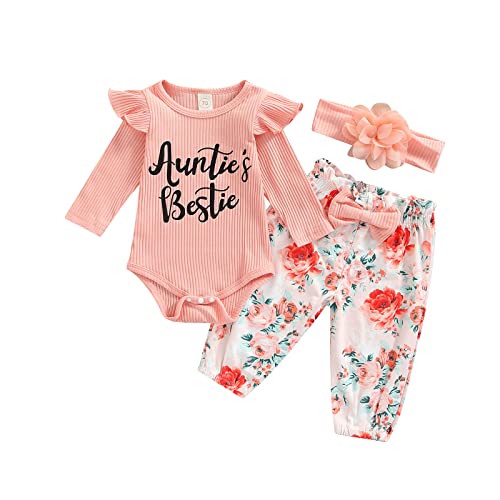 Saeevima Kleinkind Baby Mädchen Kleidung Set Einfarbig Langarm Pullover Body Strampler Top Rüschen Elastische Taille Blumen Lange Hosen Stretch Stirnband Mädchen Outfits (Rosa2, 18-24 Months) von Saeevima