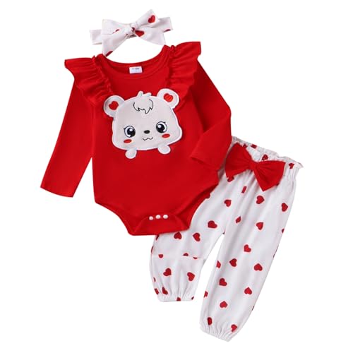 Saeevima Kleinkind Baby Mädchen Valentinstag Bekleidungsset Cartoon Bär Langarm Body Strampler Top Rüschen Elastische Taille Liebe Herzen Lange Hosen Stretch Stirnband (Rot2a, 0-3 Monate) von Saeevima