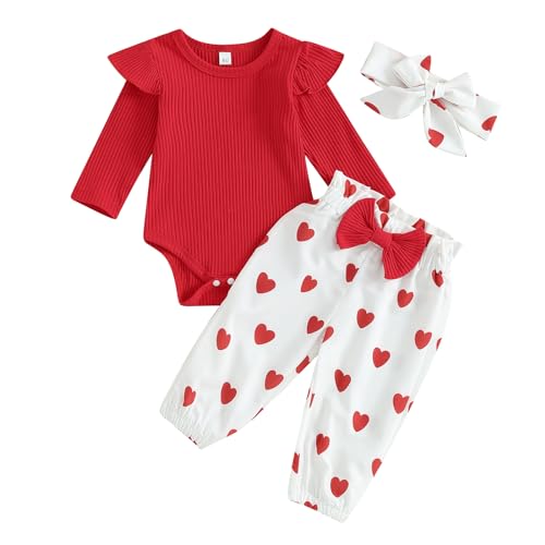 Saeevima Kleinkind Baby Mädchen Valentinstag Bekleidungsset Einfarbig Langarm Streifen Body Strampler Rüschen Elastische Taille Liebe Herzen Lange Hosen Stretch Stirnband (Rot1a, 12-18 Monate) von Saeevima