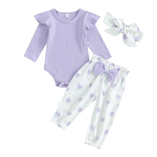 Saeevima Kleinkind Baby Mädchen Valentinstag Bekleidungsset Einfarbig Langarm Streifen Body Strampler Rüschen Elastische Taille Liebe Herzen Lange Hosen Stretch Stirnband (Lila3a, 0-3 Monate) von Saeevima