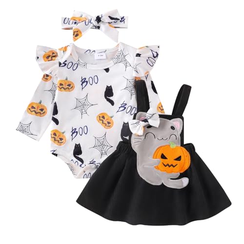 Saeevima Neugeborene Baby Mädchen Halloween Bekleidungsset 3PCS Strampler Rock Set Langarm Kürbis Body Rüsche Schulter Hosenträger Tutu Katze Rock mit Stirnband (Weiß+Schwarz, 0-3 Monate) von Saeevima