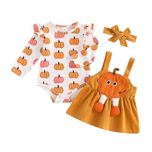 Saeevima Neugeborene Baby Mädchen Halloween Bekleidungsset 3PCS Strampler Rock Set Langarm Kürbis Body Rüsche Schulter Hosenträger Tutu Kürbis Rock mit Stirnband (Orange, 3-6 Monate) von Saeevima