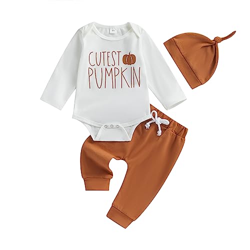 Saeevima Neugeborene Baby Mädchen Jungen Halloween Kleidung 3-teiliges Set Langarm Kürbis Laterne Strampler Top Lange Hosen mit Hut Baby Kürbis Halloween Hosen Bekleidungsset (Weiß1, 0-3 Months) von Saeevima