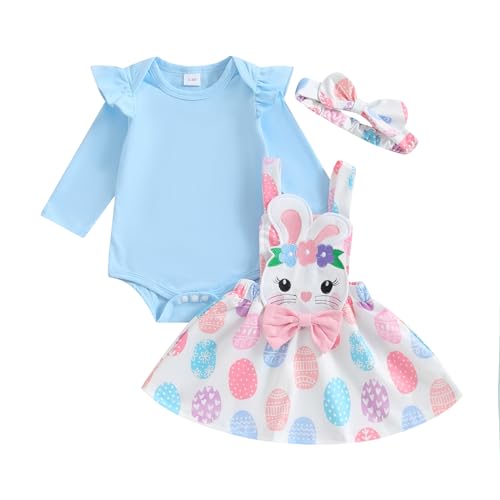 Saeevima Neugeborene Baby Mädchen Ostern Bekleidungsset 3PCS Strampler Rock Set Langarm Blau Body Rüsche Schulter Hosenträger Tutu Kaninchen Ostereier Rock mit Stirnband (Blau, 0-3 Monate) von Saeevima