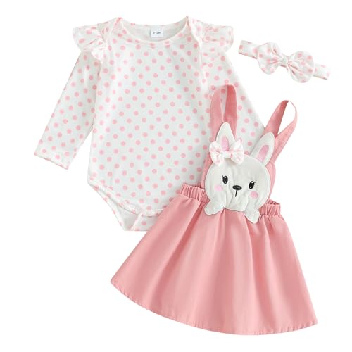 Saeevima Neugeborene Baby Mädchen Ostern Bekleidungsset 3PCS Strampler Rock Set Langarm Dots Body Rüsche Schulter Hosenträger Tutu Kaninchen Rosa Rock mit Stirnband (Weiß2, 0-3 Monate) von Saeevima