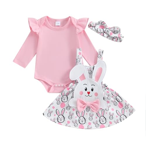 Saeevima Neugeborene Baby Mädchen Ostern Bekleidungsset 3PCS Strampler Rock Set Langarm Rosa Body Rüsche Schulter Hosenträger Tutu Kaninchen Weiß Rock mit Stirnband (Rosa4, 0-3 Monate) von Saeevima