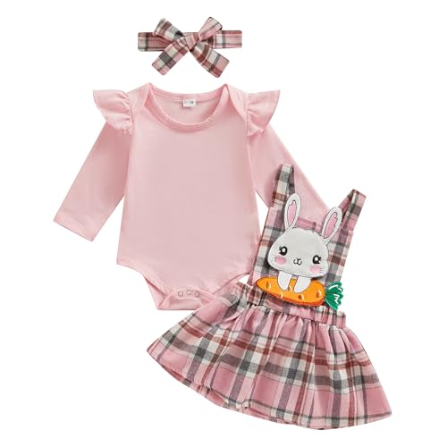 Saeevima Neugeborene Baby Mädchen Ostern Bekleidungsset 3PCS Strampler Rock Set Langarm Solid Rosa Body Rüsche Schulter Hosenträger Tutu Kaninchen Karierte Rock mit Stirnband (Rosa9, 0-3 Monate) von Saeevima