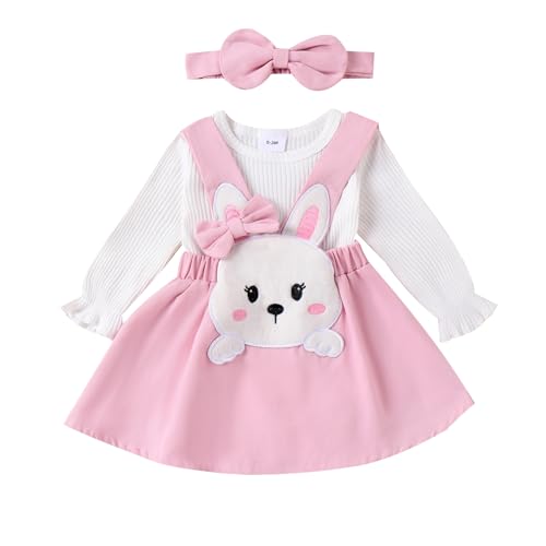 Saeevima Neugeborene Baby Mädchen Ostern Bekleidungsset 3PCS Strampler Rock Set Langarm Weiß Body Gerippt Hosenträger Tutu Kaninchen Rosa Rock mit Stirnband (Weiß5, 0-3 Monate) von Saeevima