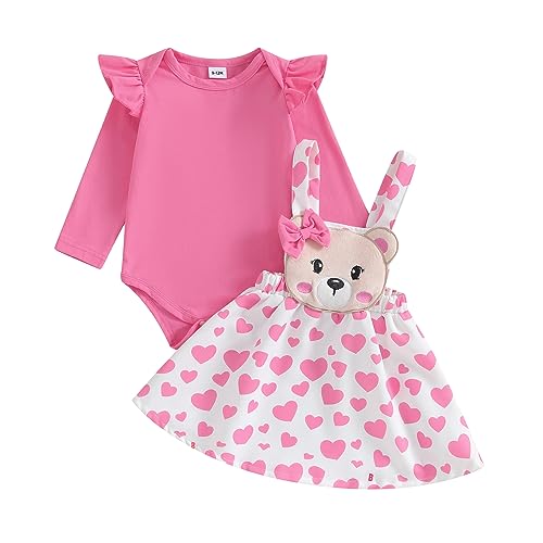 Saeevima Neugeborene Baby Mädchen Valentinstag Bekleidungsset 2PCS Strampler Rock Set Langarm Body Rüsche Schulter Hosenträger Tutu Liebes Herz Bär Rock Kleidung Set (Rosa1, 0-3 Monate) von Saeevima