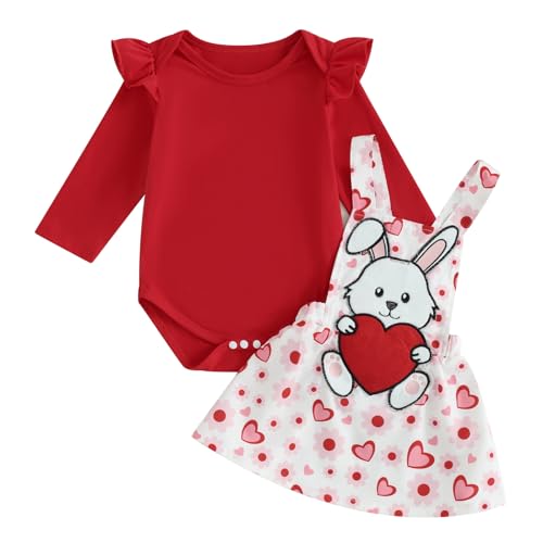 Saeevima Neugeborene Baby Mädchen Valentinstag Bekleidungsset 2PCS Strampler Rock Set Langarm Body Rüsche Schulter Hosenträger Tutu Liebes Herz Häschen Rock (Rot7, 0-3 Monate) von Saeevima