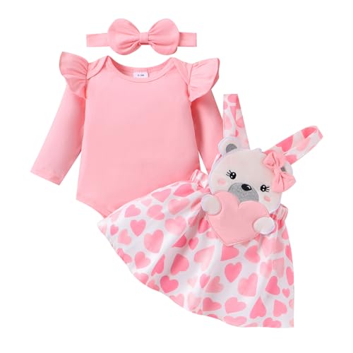 Saeevima Neugeborene Baby Mädchen Valentinstag Bekleidungsset 3PCS Strampler Rock Set Langarm Body Rüsche Schulter Hosenträger Tutu Liebes Herz Bär Rock mit Stirnband (Rosa2, 3-6 Monate) von Saeevima