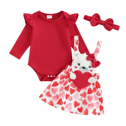 Saeevima Neugeborene Baby Mädchen Valentinstag Bekleidungsset 3PCS Strampler Rock Set Langarm Body Rüsche Schulter Hosenträger Tutu Liebes Herz Bär Rock mit Stirnband (Rot2, 0-3 Monate) von Saeevima