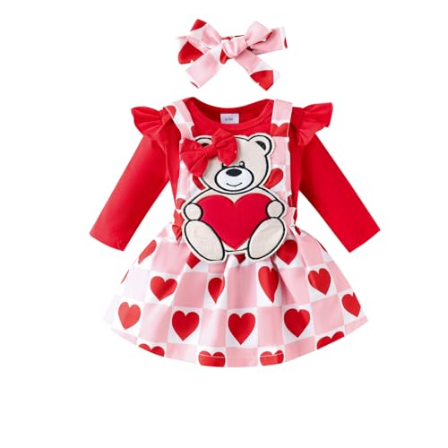 Saeevima Neugeborene Baby Mädchen Valentinstag Bekleidungsset 3PCS Strampler Rock Set Langarm Body Rüsche Schulter Hosenträger Tutu Liebes Herz Bär Rock mit Stirnband (Rot3, 6-9 Monate) von Saeevima