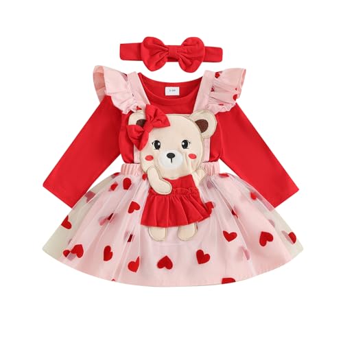 Saeevima Neugeborene Baby Mädchen Valentinstag Bekleidungsset 3PCS Strampler Rock Set Langarm Body Rüsche Schulter Hosenträger Tutu Liebes Herz Bär Rock mit Stirnband (Rot4, 6-9 Monate) von Saeevima