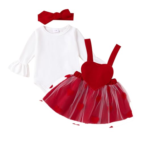 Saeevima Neugeborene Baby Mädchen Valentinstag Bekleidungsset 3PCS Strampler Rock Set Langarm Body Rüsche Schulter Hosenträger Tutu Liebes Herz Masche Rock mit Stirnband (Weiß4, 9-12 Monate) von Saeevima
