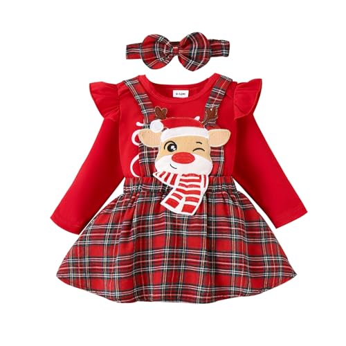 Saeevima Neugeborene Baby Mädchen Weihnachten Bekleidungsset 3PCS Strampler Rock Set Langarm Pullover Rüsche Schulter Hosenträger Tutu Blumen Plaids Rock mit Stirnband (Rot D, 3-6 Monate) von Saeevima