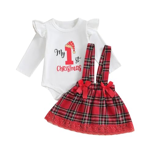 Saeevima Neugeborene Baby Mädchen Weihnachten Bekleidungsset 3PCS Strampler Rock Set Langarm Pullover Rüsche Schulter Hosenträger Tutu Blumen Plaids Rock mit Stirnband (Weiß c, 3-6 Months) von Saeevima