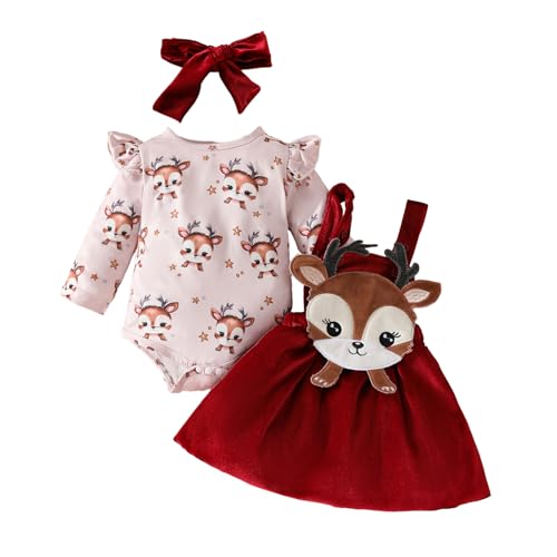 Saeevima Neugeborene Baby Mädchen Weihnachten Bekleidungsset 3PCS Strampler Rock Set Langarm Rüsche Schulter Rentier Oberteile Hosenträger Tutu Rentier Rock mit Stirnband (Rot10, 3-6 Monate) von Saeevima