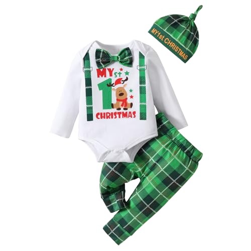 Säuglings Jungen Mädchen Weihnachtskleidung Set Langarm Santa Claus Frohe Weihnachten Drucken Strampler Lange Hosen mit Hut Baby Weihnachtsfeier Bekleidungsset (Weiß Grün, 3-6 Months) von Saeevima