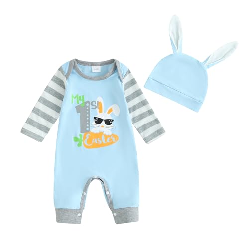 Unisex Baby Ostern Strampler Langarm Langarm Kaninchen Karotte gedruckte Knopfverschluss runde Nacken Onesies mit Hasenkappe Säugling meine ersten Oster Oversuit Kleidung (Blau, 3-6 Months) von Saeevima