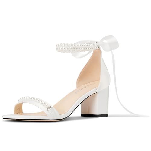 Saekcted Damen Chunky Blockabsatz Absatz Heel Runde Zehenkappe Sandalen Knöchelriemen Schnüren Schnürung Perlen Hochzeit Cute Satin 6.5 cm Heels Elfenbeinweiß 38 EU von Saekcted