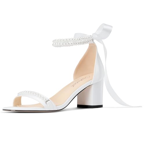 Saekcted Damen Chunky Blockabsatz Absatz Heel Runde Zehenkappe Sandalen Knöchelriemen Schnüren Schnürung Perlen Hochzeit Cute Satin 6.5 cm Heels Weiß 42 EU von Saekcted