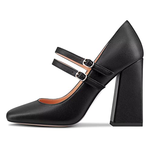 Saekcted Damen Chunky Blockabsatz Hoher High Absatz Heel Geschlossene Eckige Zehenkappe Pumps Mary Jane Schnalle Party Dress Cute Schuhe 10 cm Heels Schwarz 45 EU von Saekcted